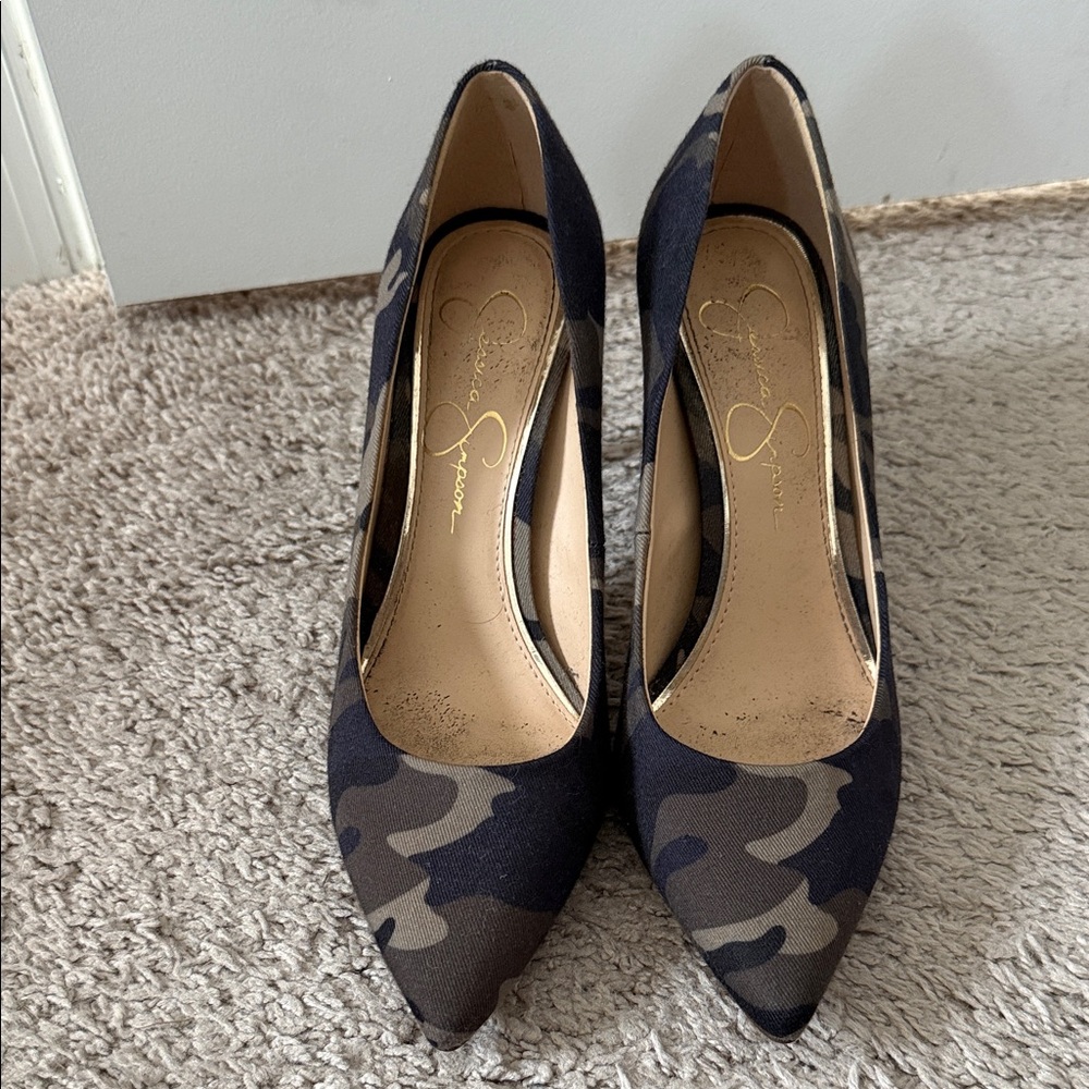Jessica Simpson Camouflage Pointed-Toe Pumps in Navy, Olive and Black
